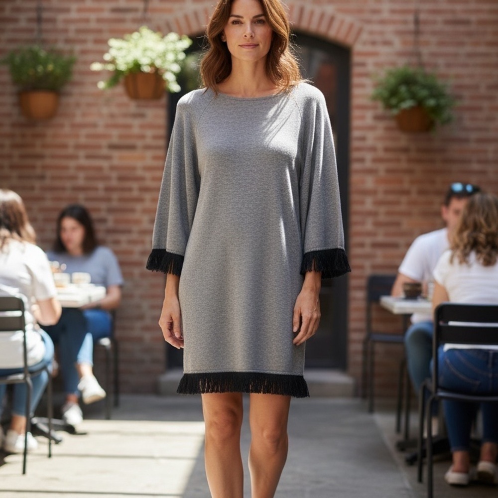 Ethreal by Papercrane, Gray Sweater Dress/Tunic with Black Fringe, size S